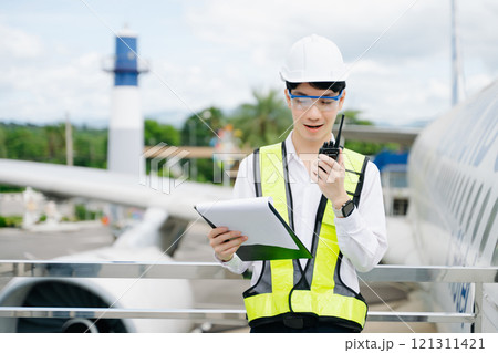 Aviation engineer inspects airplane for safety compliance. Professional aerospace technician at work Aviation engineer inspects airplane for safety compliance. Professional aerospace technician at work 121311421