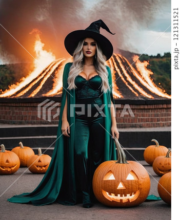 woman witch with pumpkin for halloween 121311521