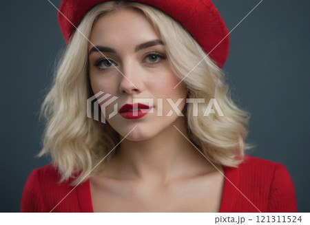 portrait of young blonde woman in red hat 121311524
