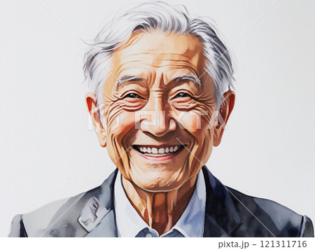 水彩画風　笑顔の80歳男性の顔アップ 121311716