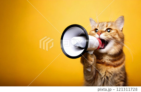 拡声器で応援する猫　SALE・お知らせ・キャンペーン背景イメージ Generative AI 121311728