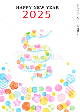 2025お正月 年賀状 水彩　梅と桜と水玉と和柄のカラフル蛇イラスト 121311766