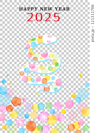 2025お正月 年賀状 水彩　梅と桜と水玉と和柄のカラフル蛇イラスト 121311766
