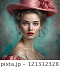 Elegant woman in vintage pink attire, charming portrait 121312328