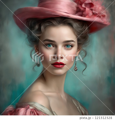 Elegant woman in vintage pink attire, charming portrait 121312328