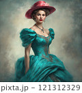 Elegant woman in vintage pink attire, charming portrait 121312329