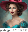 Elegant woman in vintage pink attire, charming portrait 121312331