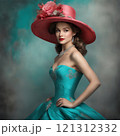 Elegant woman in vintage pink attire, charming portrait 121312332