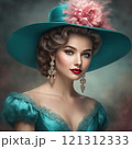 Elegant woman in vintage pink attire, charming portrait 121312333