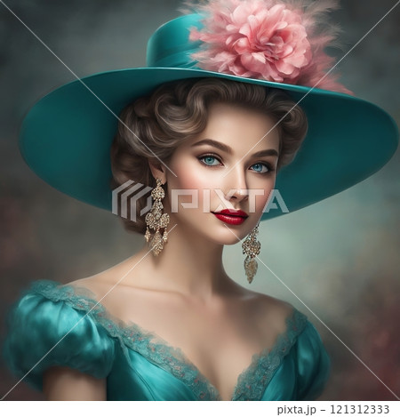 Elegant woman in vintage pink attire, charming portrait 121312333