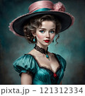 Elegant woman in vintage pink attire, charming portrait 121312334