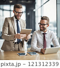Business colleagues reviewing a tablet in office setting 121312339