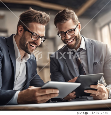 Business colleagues reviewing a tablet in office setting 121312340
