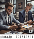 Business colleagues reviewing a tablet in office setting 121312341