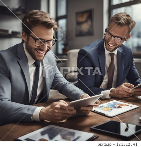 Business colleagues reviewing a tablet in office setting 121312341