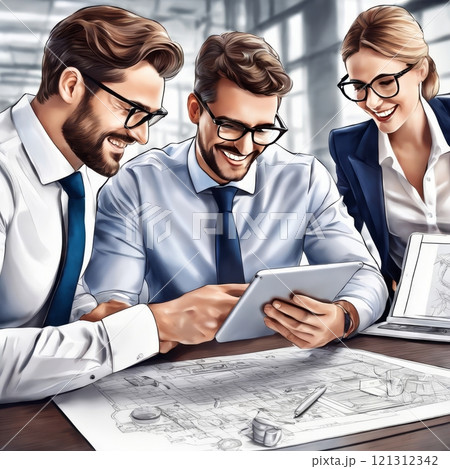 Business colleagues reviewing a tablet in office setting 121312342