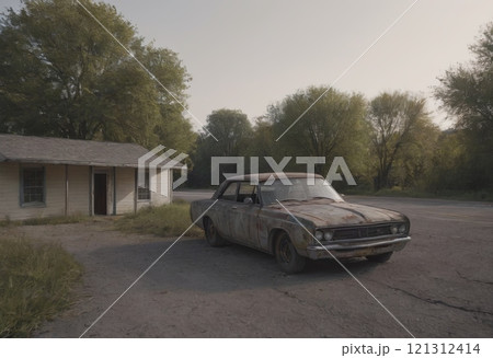 car at old gas station 121312414