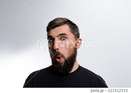 Surprised man with beard and open mouth against white background 121312533