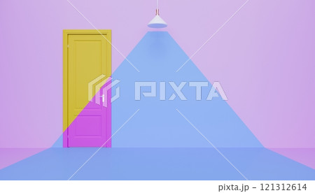 yellow door with pink wall and white pendant, empty space background yellow door with pink wall and white pendant, empty space background 121312614