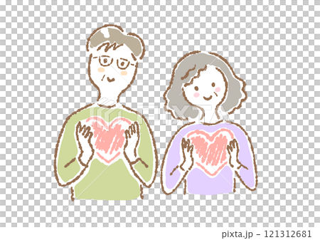 簡單的手繪插圖，一對年長夫婦抱著一顆心 121312681