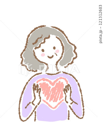 ハートを持っている年配女性のシンプル手描きイラスト ハートを持っている年配女性のシンプル手描きイラスト 121312683