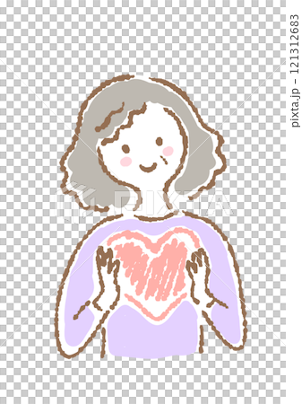 ハートを持っている年配女性のシンプル手描きイラスト ハートを持っている年配女性のシンプル手描きイラスト 121312683