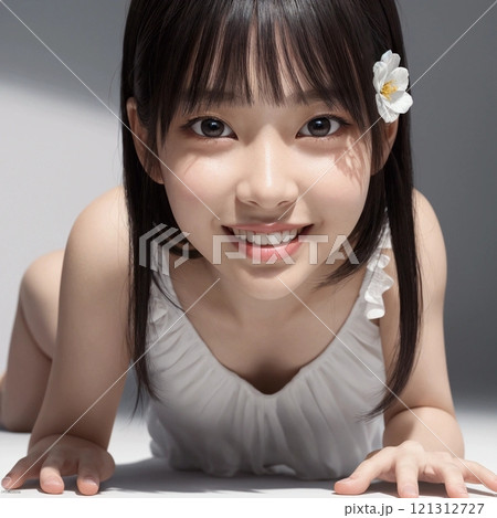 笑顔でうつ伏せの女性 121312727
