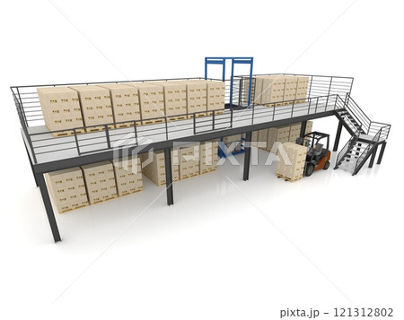 mezzanine warehouse with cardboard boxes on pallets and forklift , 3d rendering 121312802