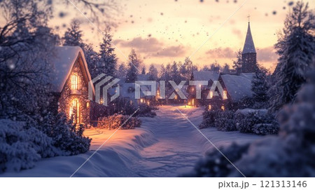 Snowy village at dusk with warm glowing lights. Snowy village at dusk with warm glowing lights. 121313146