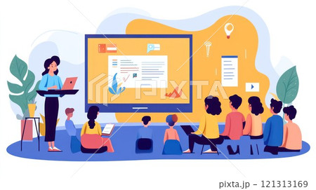Classroom scene with teacher and engaged students. 121313169