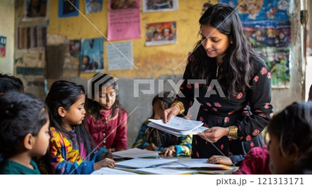 Teacher engaging with children in a classroom setting. 121313171