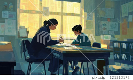 A mentor guides a child in a learning environment. 121313172
