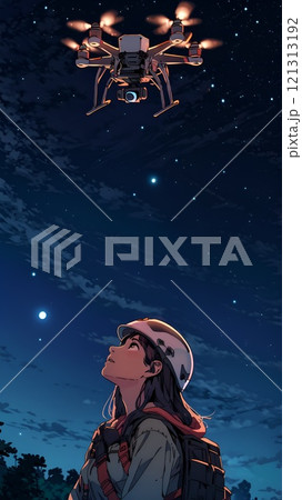 空に浮かぶドローンを見上げる女性 121313192