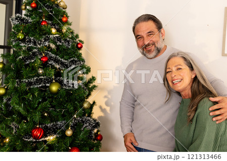 Smiling mature couple enjoying Christmas at home beside decorated tree 121313466