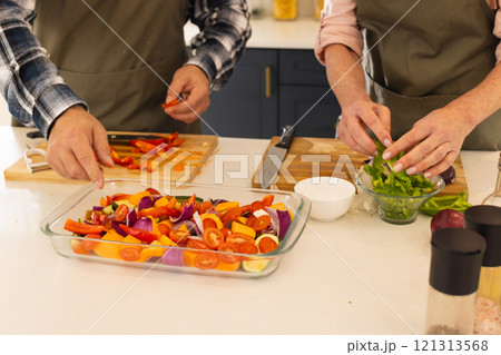 Preparing colorful vegetable dish, mature couple cooking together in kitchen, at home Preparing colorful vegetable dish, mature couple cooking together in kitchen, at home 121313568