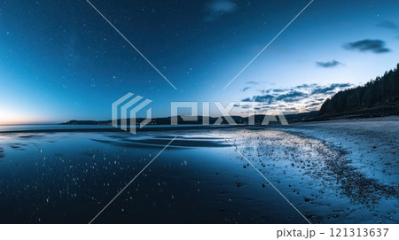 Serene twilight beach landscape with calm waters. Serene twilight beach landscape with calm waters. 121313637