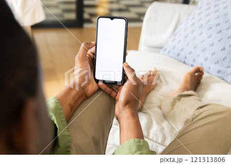 Relaxing at home, African American man using smartphone on couch, copy space Relaxing at home, African American man using smartphone on couch, copy space 121313806