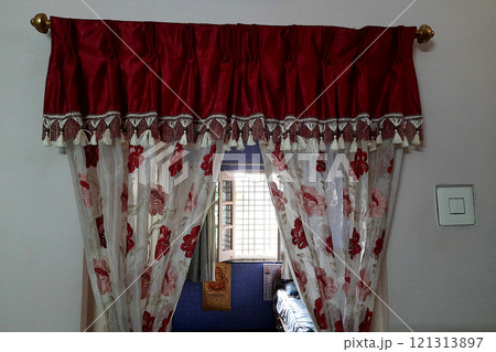 Floral Door Curtain with Red Cloth Border Floral Door Curtain with Red Cloth Border 121313897