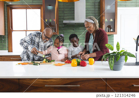 Happy african american grandparents and grandchildren chopping vegetables in kitchen, slow motion Happy african american grandparents and grandchildren chopping vegetables in kitchen, slow motion 121314246