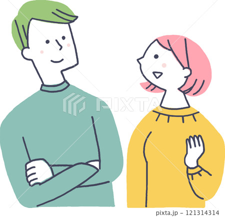 向かい合って話をする若い男女 121314314