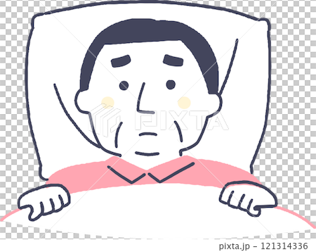 布団の中で眠れないシニア男性 121314336