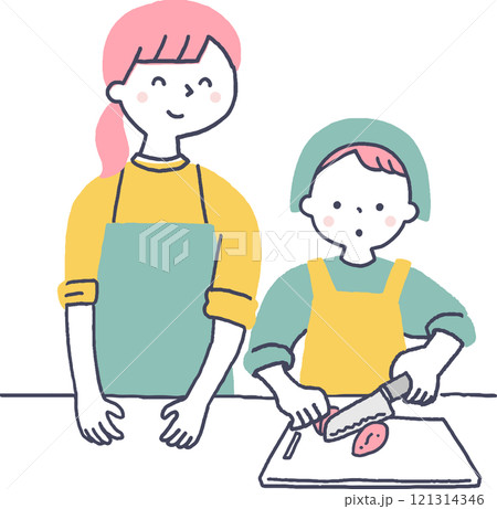 料理をする子供とお母さん 121314346