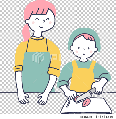 料理をする子供とお母さん 121314346