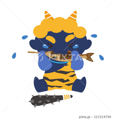 焼いた鰯を泣きながら食べる青鬼のベクターイラスト 121314740