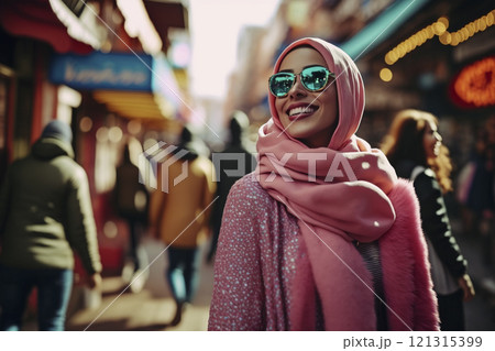 Muslim young woman in a pink head scarf created with ai generative tools. 121315399