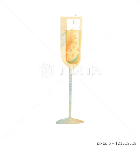 Tall glass full of sparkling white wine. Champagne. Alcoholic drink for celebration. Winemaking. Isolated watercolor illustration 121315519