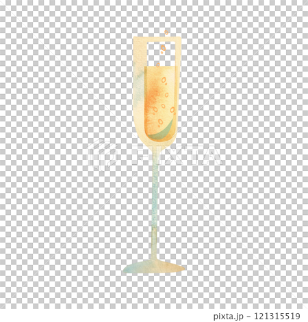 Tall glass full of sparkling white wine. Champagne. Alcoholic drink for celebration. Winemaking. Isolated watercolor illustration 121315519