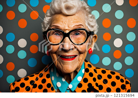 Trendy fashion crazy old people in bright colored elegant clothes created with ai generative tools. 121315694