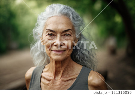 Portrait of beautiful middle age gray-haired woman created with Ai generative tools. 121316059