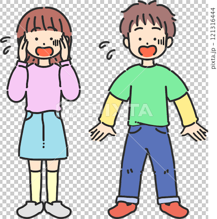 Cute line drawing illustration of a surprised boy and girl 121316444